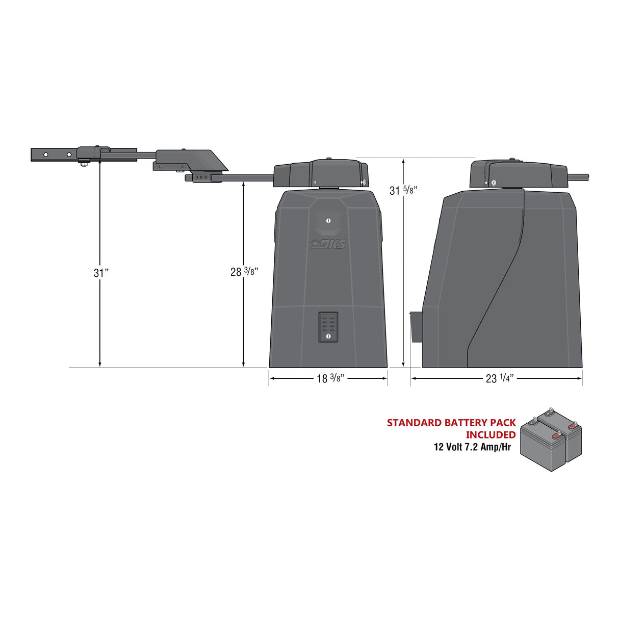Doorking 6524 Swing Gate Opener, dimensions front and side with batteries elitegates