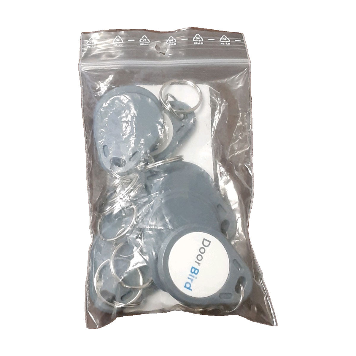 DoorBird 125 KHz Transponder Key Fob – 10 Pack, shown in package bag