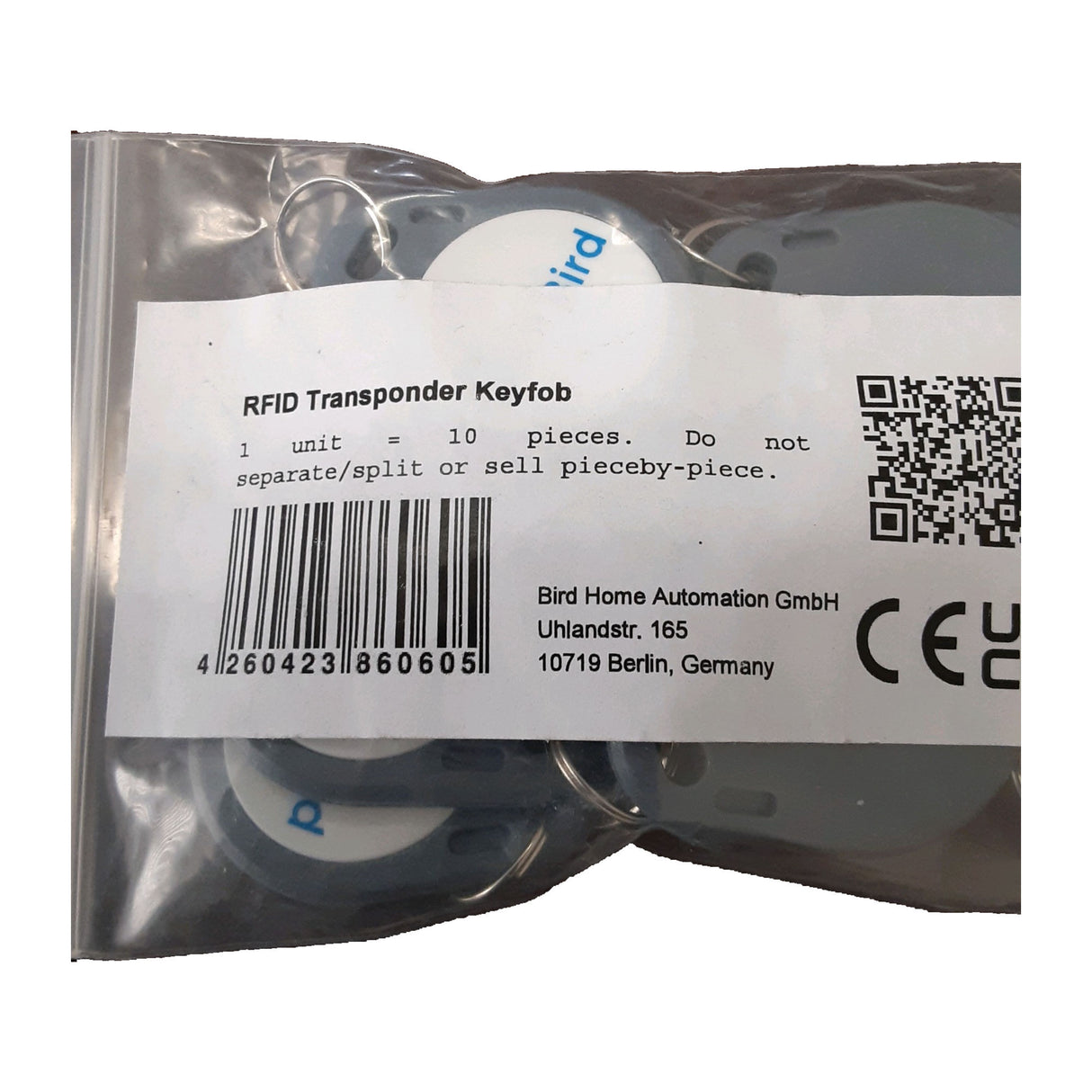 DoorBird 125 KHz Transponder Key Fob – 10 Pack, shown in its packaging