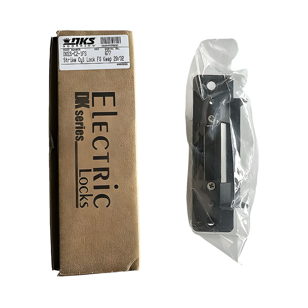 Doorking DKES-C2-1FS Electric Strike (Fail Safe), shown with its package