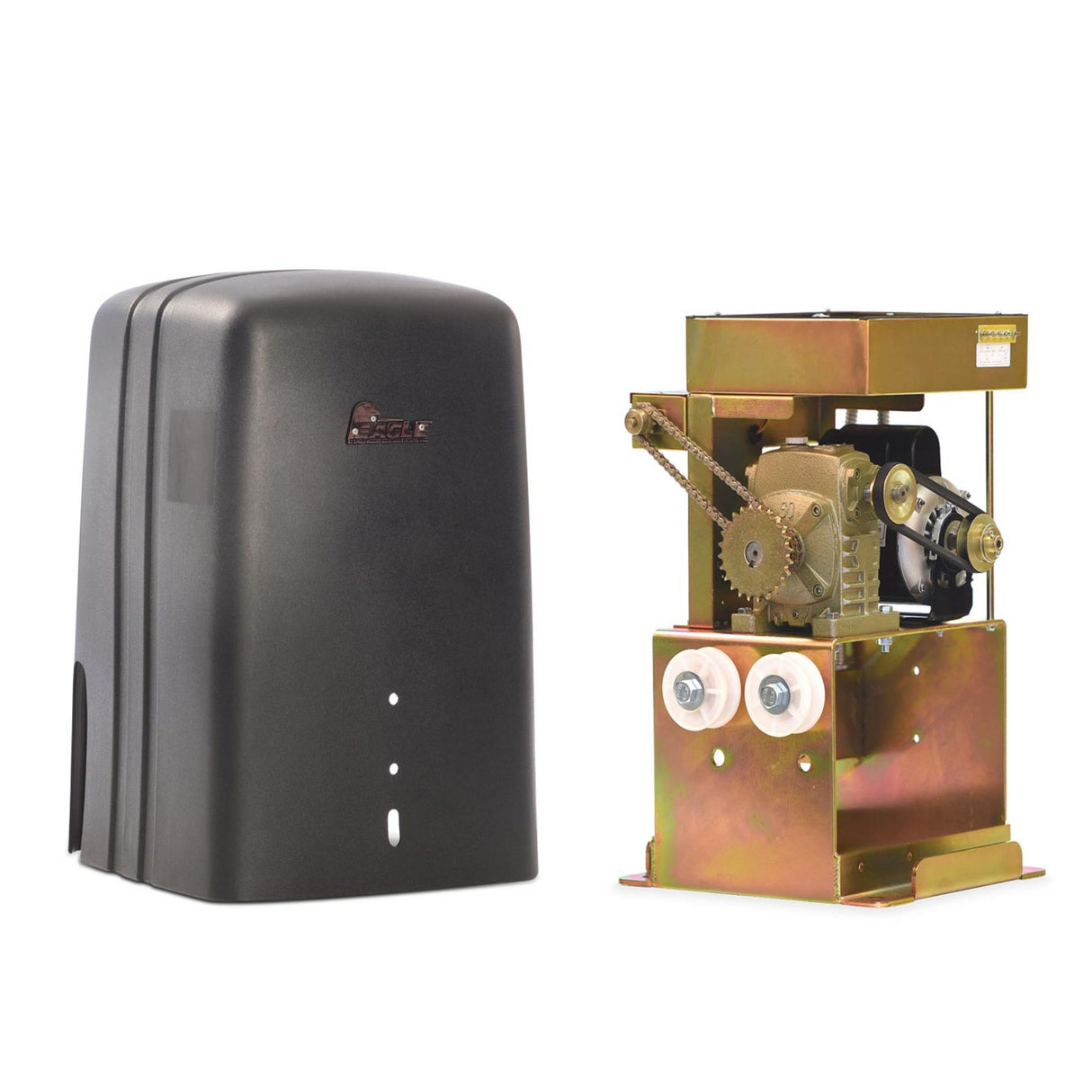 Eagle 2000-FSC Slide Gate Operator - 1/2 HP, shown with and without a cover