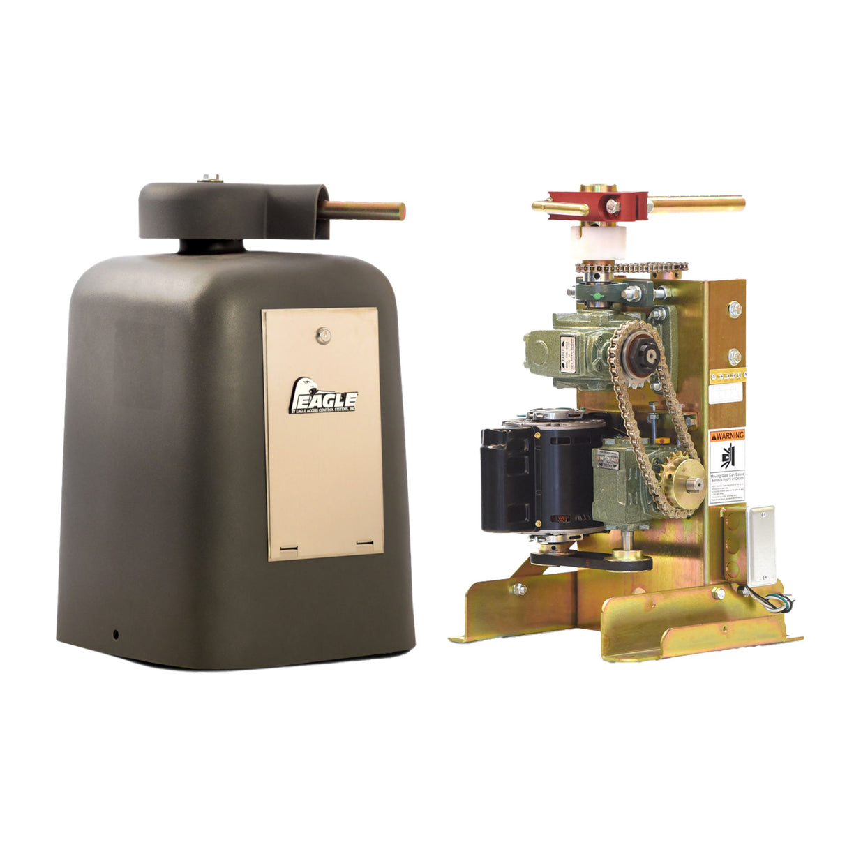 Eagle II Residential Swing Gate Operator - 1/2HP, shown with and without the cover