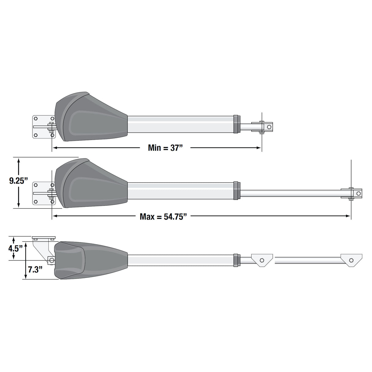 MAX Super Arm 2300 Replacement Linear Actuator, Dimensions