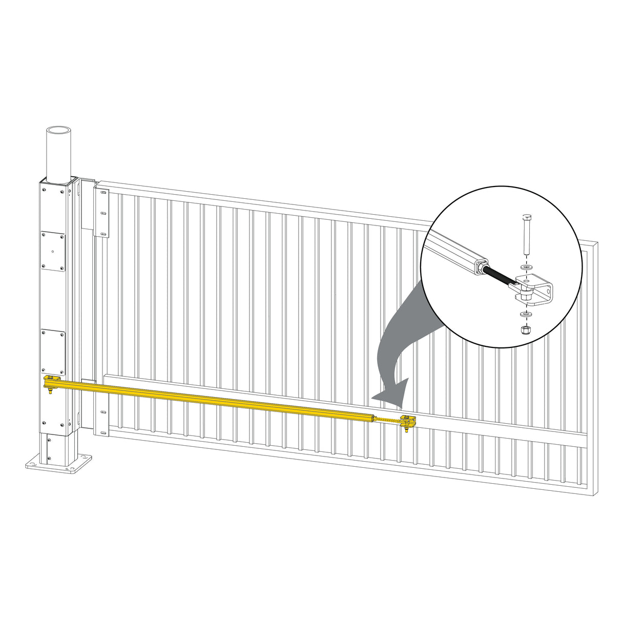 Hysecurity MX000281 Index Arm Assembly, shown installed on a gate
