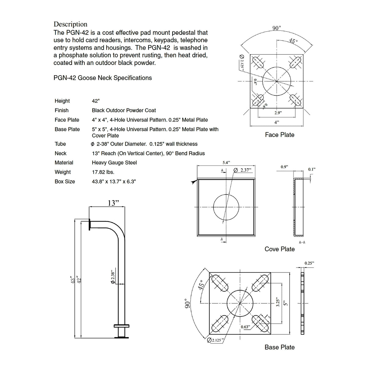Platinum Access PGN-42 Gooseneck Pedestal Post, Dimensions