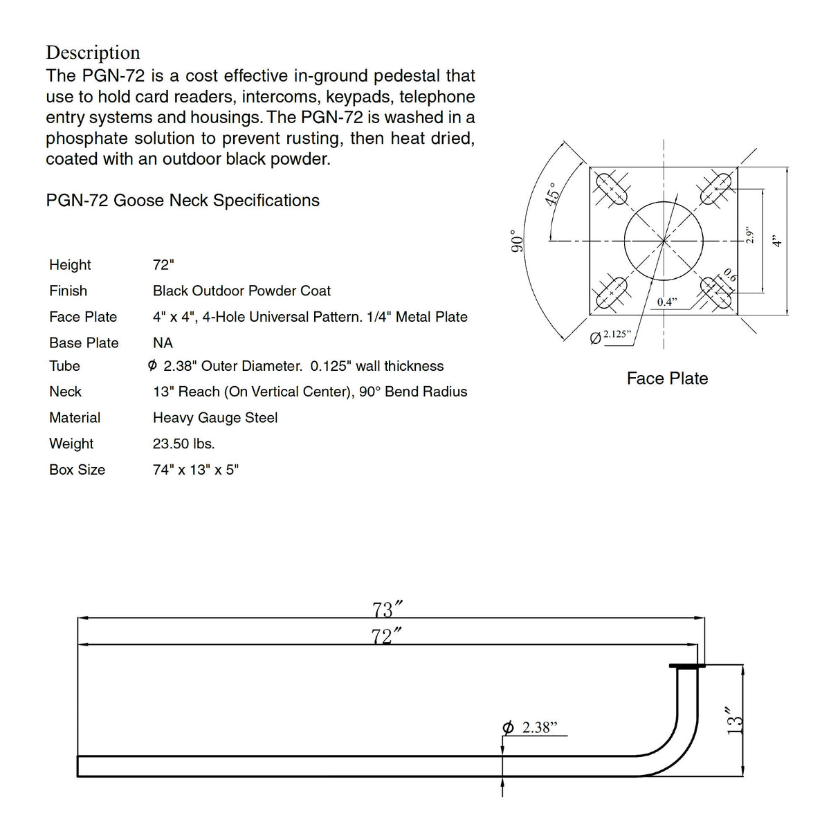 Platinum Access PGN-72 Gooseneck Post, Dimensions