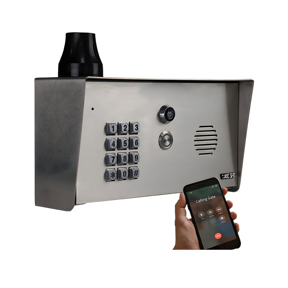 AES PRIME7-PSK-US Stainless Steel Pedestal Mount Cellular Intercom, shown with a smartphone
