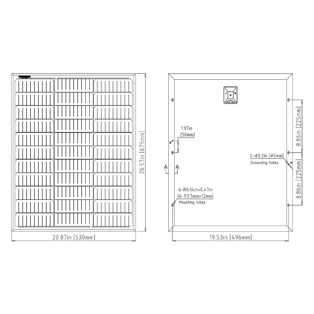 Elite 65W Solar Panel Kit for Gate Operators - 12V, dimensions