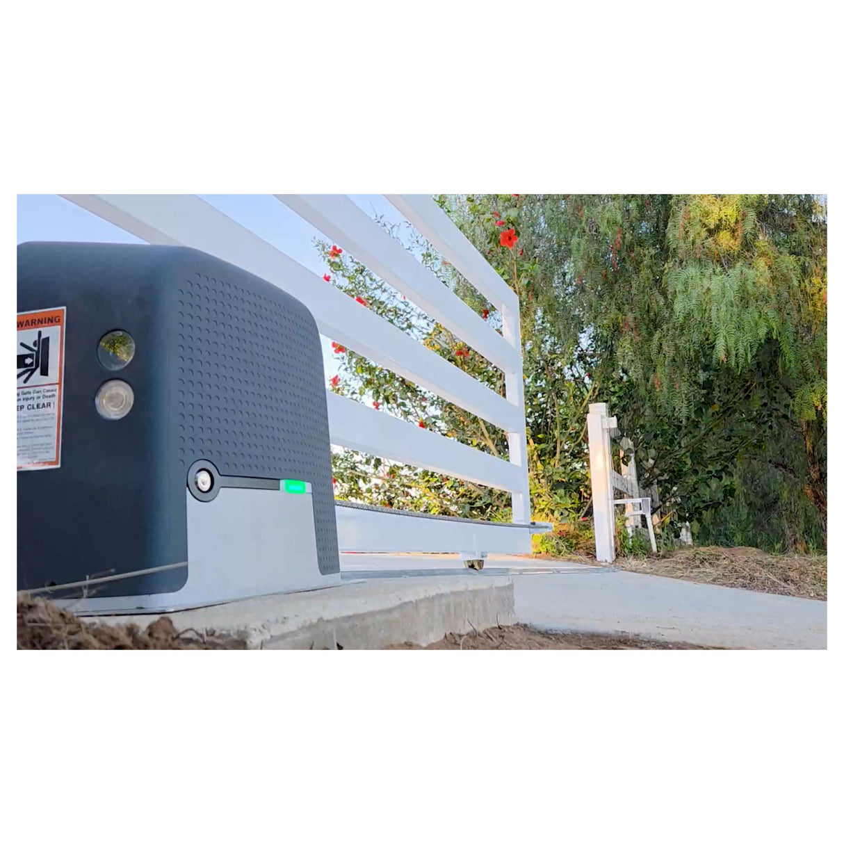 Linear Juno Slide Gate Operator - Compact & Solar Ready, shown with a gate