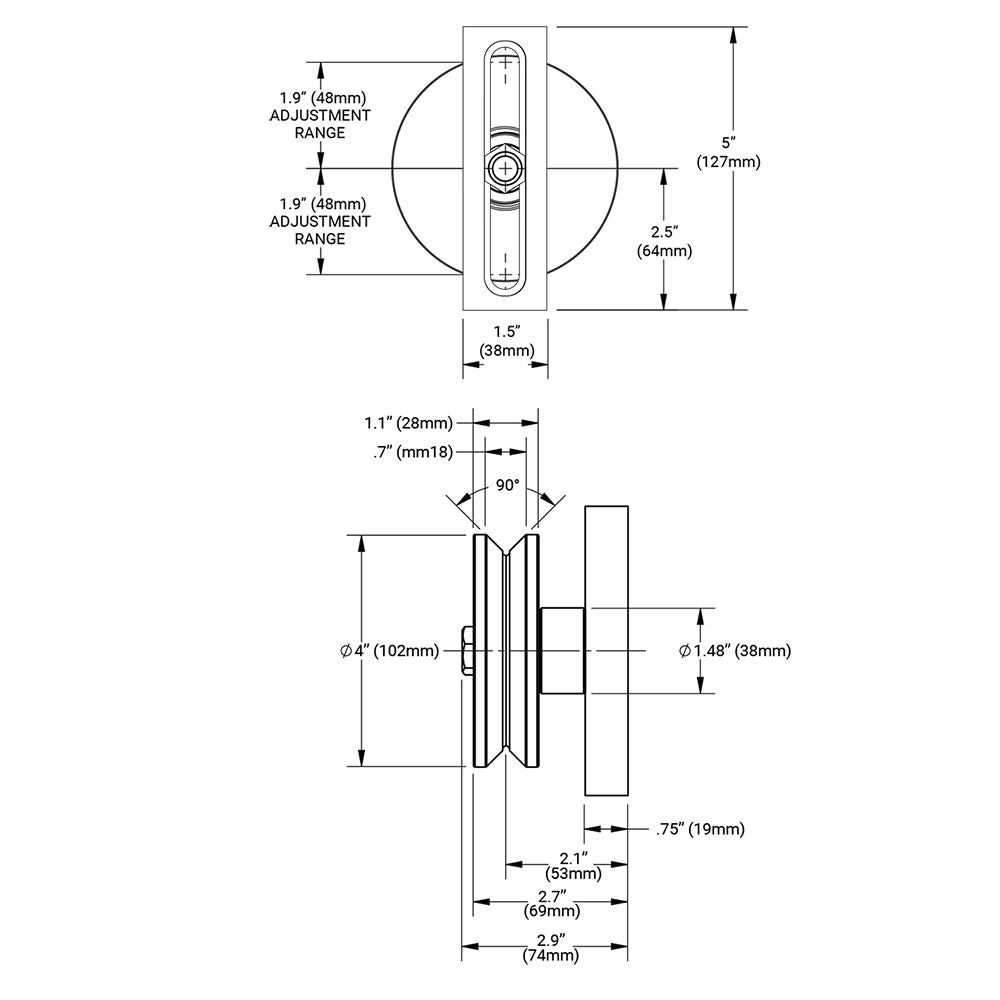 D&D CI2240 Cantilever Gate Wheel 4" Dimensions