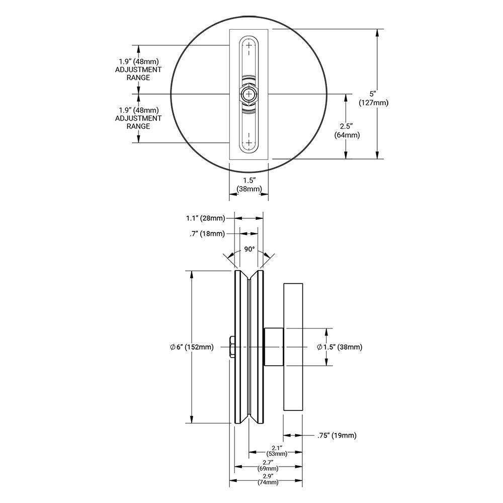 D&D CI2260 Cantilever Gate Wheel 6" Dimensions