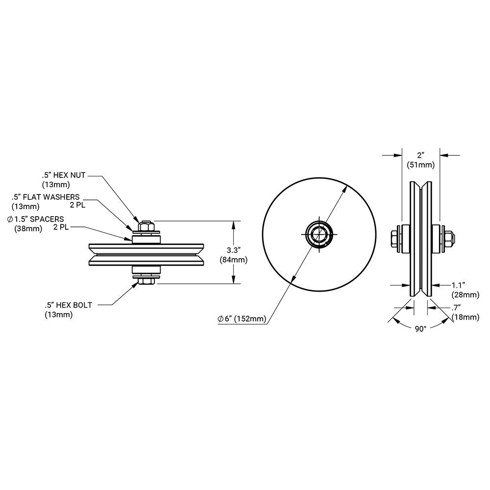 D&D CI2620 V-Grove Gate Wheel (6") Dimensions