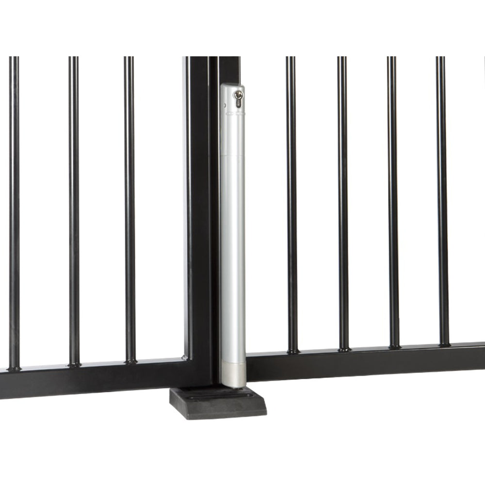 Locinox ELECTRADROP Motorized Drop Bolt, shown on a gate, silver