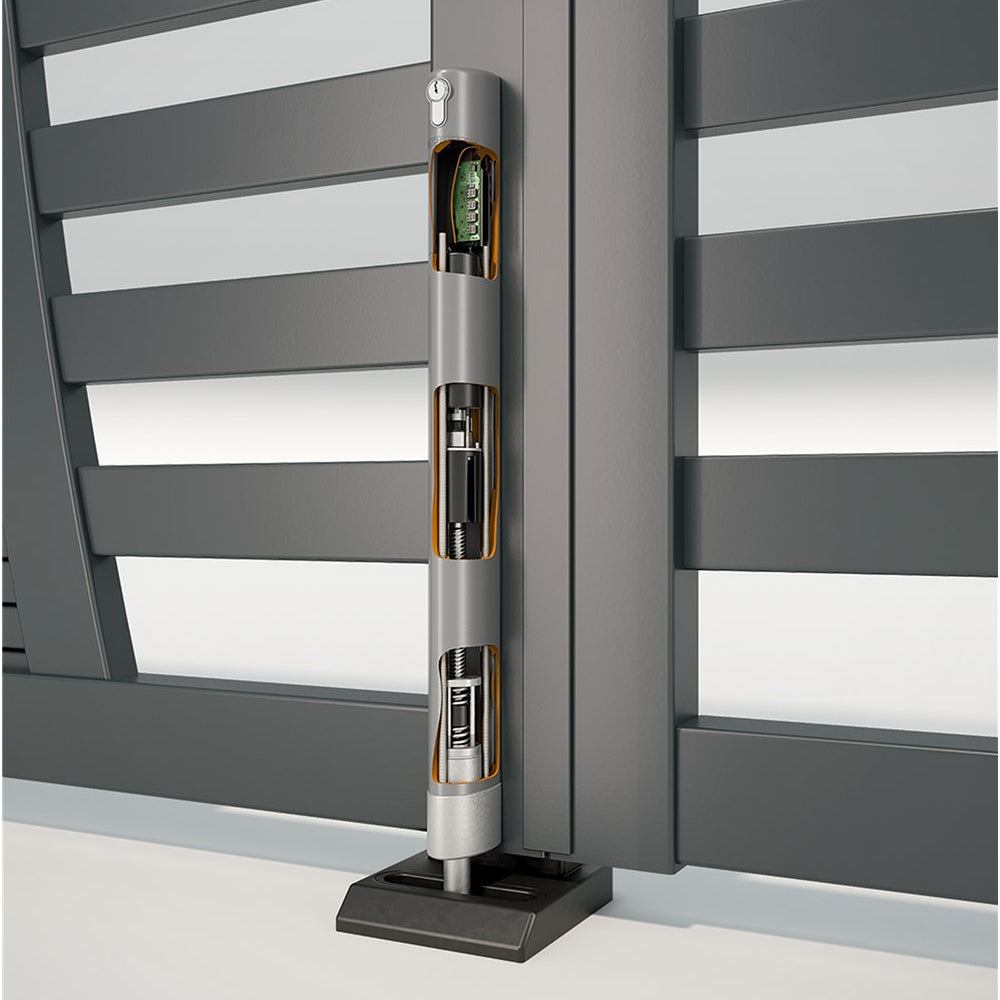 Locinox ELECTRADROP Electric Drop Bolt, shown on a gate, chassis exposed