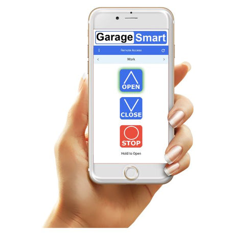 GarageSmart GS100-C app shown on an iphone