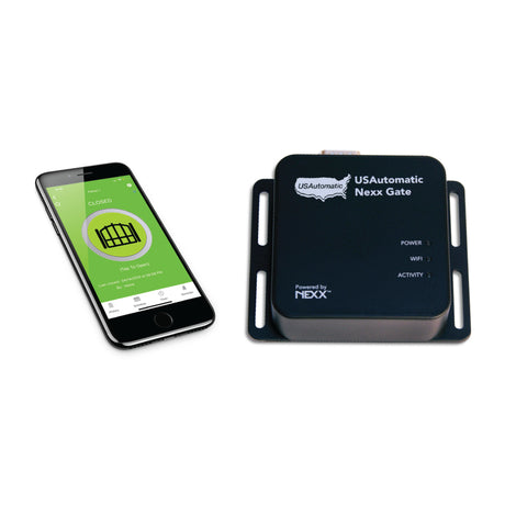 US Automatic 030223 Nexx Gate WiFi App Module, shown with a smartphone