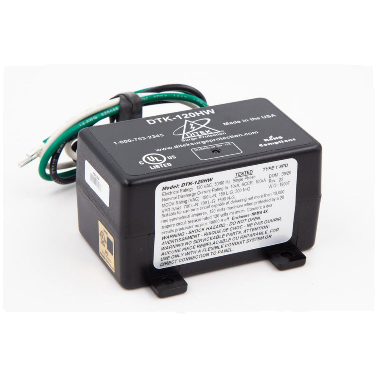 Ditek DTK-120HW Type 1 Surge Protector 120V, bottom view