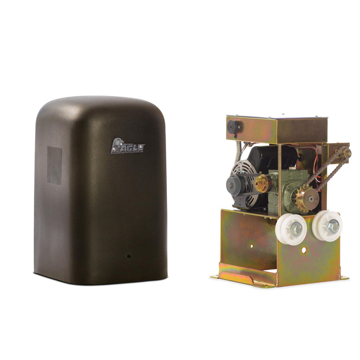 Eagle I Residential Slide Gate Operator - 1/2 HP, shown with and without a cover