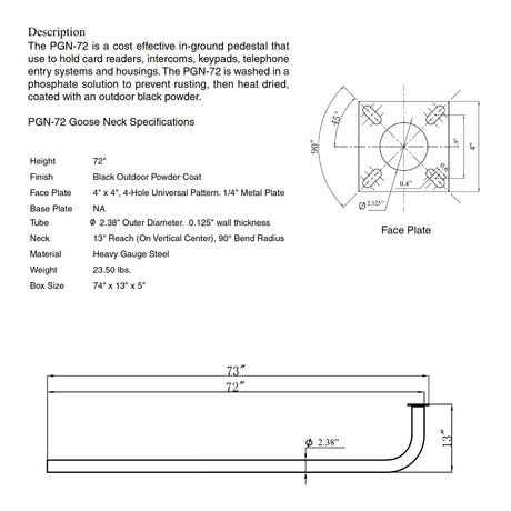 Platinum Access PGN-72 Gooseneck Post, Dimensions