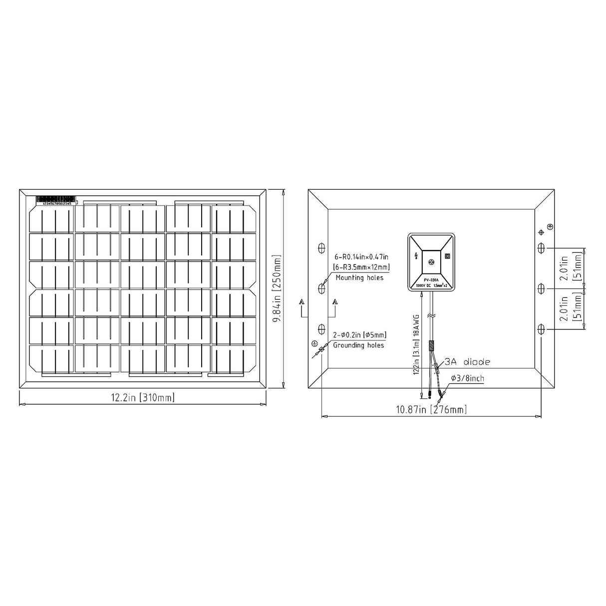 Elite 10W 12V Solar Panel for Gate Operators, dimensions