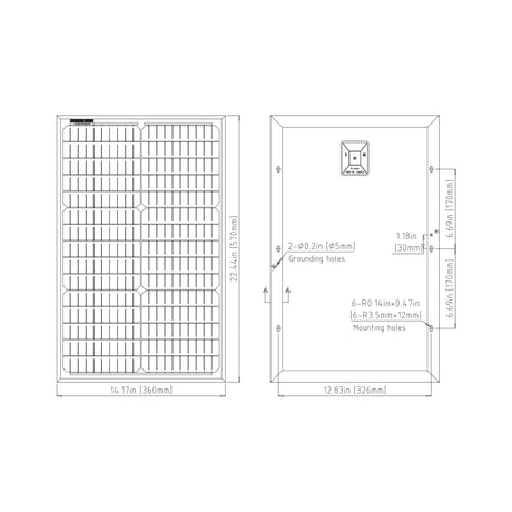 Elite 30 Watt Solar Panel 12 Volt, dimensions