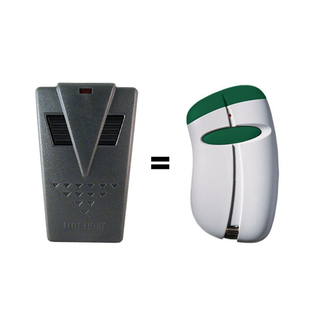 Transmitter Solutions 418ELPW2V remote, shown next to the original Elite remote.