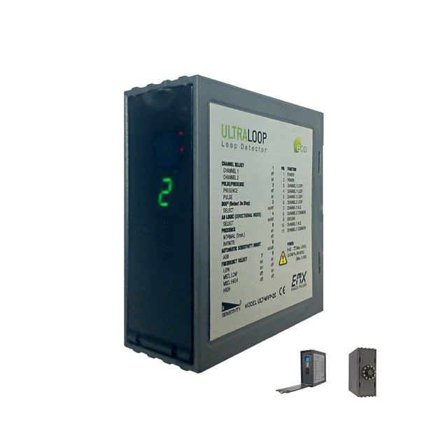 EMX ULTRA-MVP-2 Dual Channel Vehicle Loop Detector, front and back view